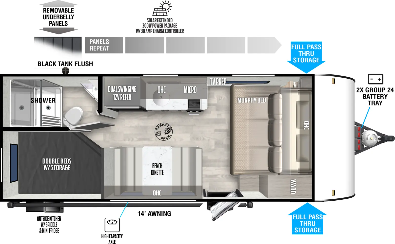 The Salem FSX Northwest 179DBK floorplan has one entry and zero slide outs. Exterior features include: metal exterior, 14' awning and outside kitchen. Interiors features include: bunk beds, front bedroom, murphy bed and front living.